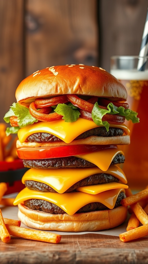 A delicious triple cheese burger with cheddar, mozzarella, and blue cheese, topped with lettuce and tomato, on a rustic wooden table with fries.